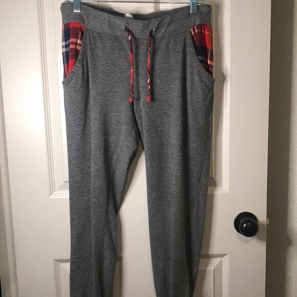 Messy Buns Lazy Days Pants - Messy Buns Lazy Days gray joggers with plaid drawstring and pockets size L